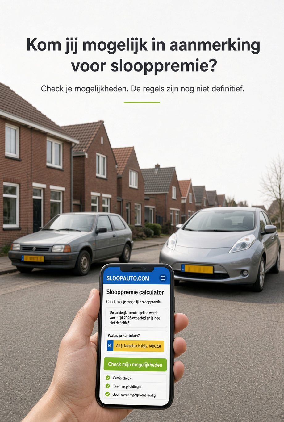 Illustratie van de slooppremie calculator op een telefoon, met een oudere auto en een elektrische auto in een woonstraat.