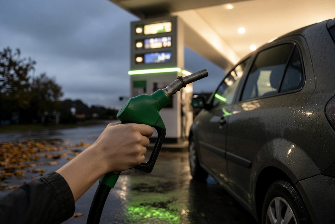 Iemand tankt benzine bij een tankstation op een regenachtige herfstavond