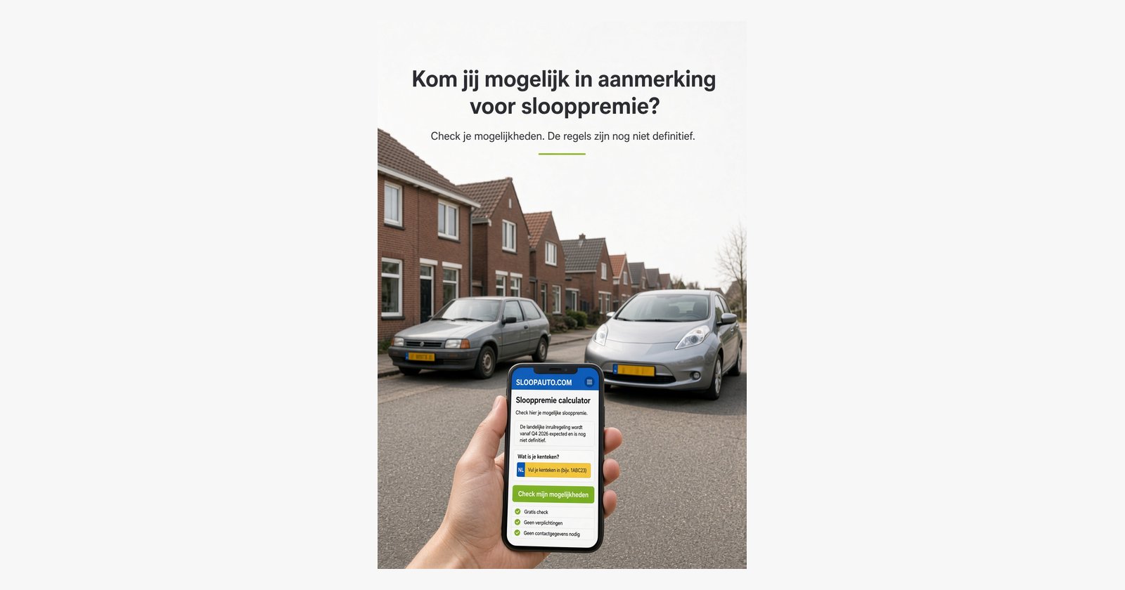 Illustratie van de slooppremie calculator op een telefoon, met een oudere auto en een elektrische auto in een woonstraat.